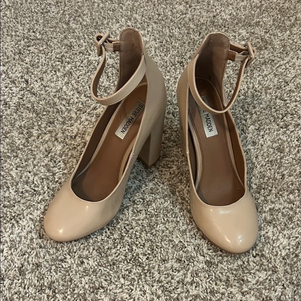 Steve Madden Nude Patent Ankle-Strap Block Heels